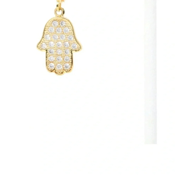 14K Solid Gold  Belly Ring Hoop with pave stone CZ stones Dangling Hamsa Charm - Picture 3 of 13
